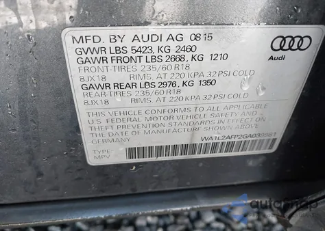 2016 Audi Q5 2.0T Premium from USA, damaged, VIN WA1L2AFP2GA039981